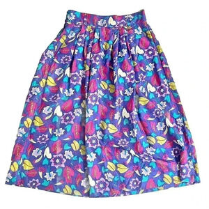 Vintage 80’/90’s 100% Silk Bright Floral Retro Midi Skirt A-line Women’s Size 10